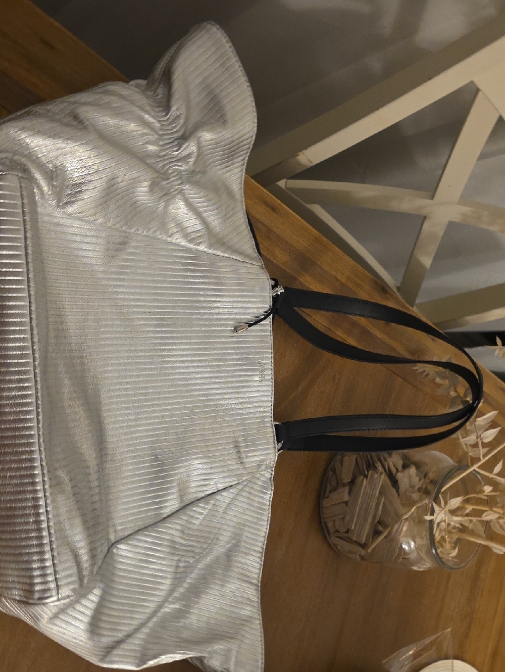 Vince CAMUTO Metallic Silver Tote Bag with Black Straps